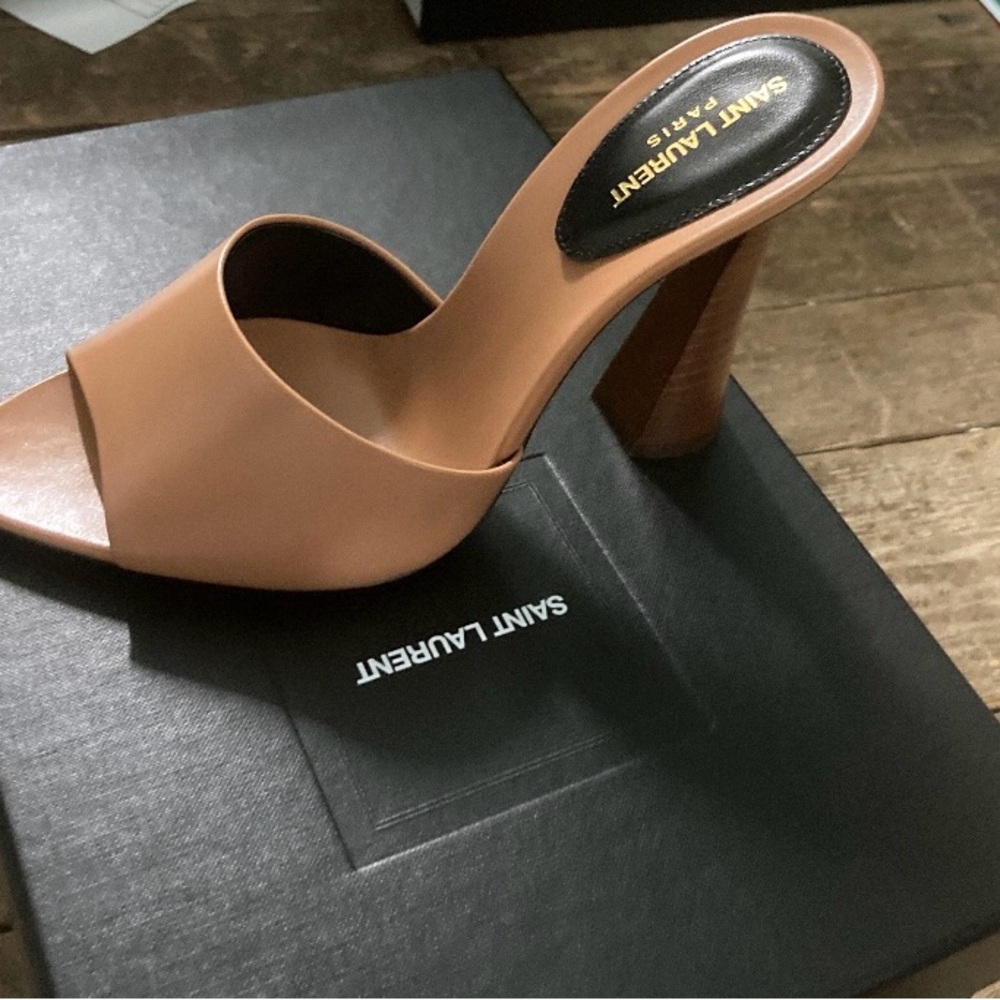 Saint Laurent Tan Leather Mules with Block Heel